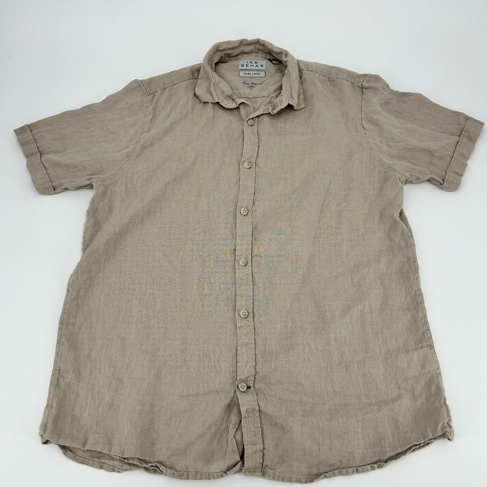 Ike Behar 100% Linen Old Money Button Up Mens M Oatmeal Beige Coastal Preppy